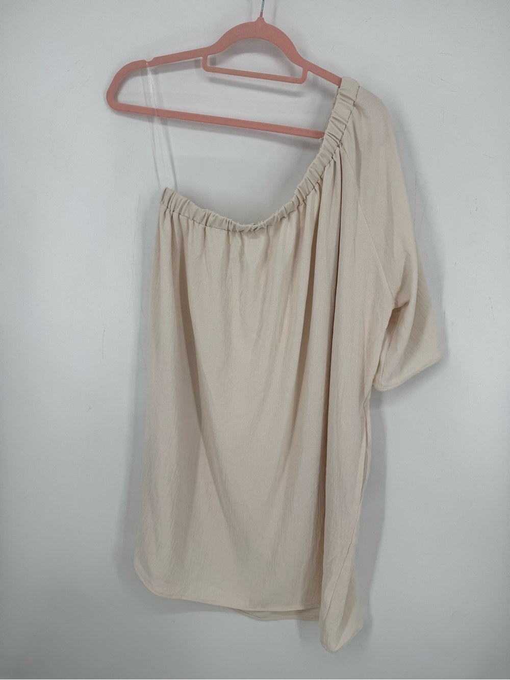 Cherish One-Shoulder Cream Mini Dress Pockets Flowy Coastal Beach Size Large